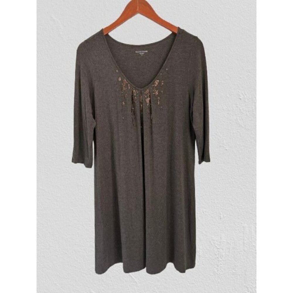 Eileen Fisher Baby Doll Tunic Long Top Brown Beaded Sequins Size Med
